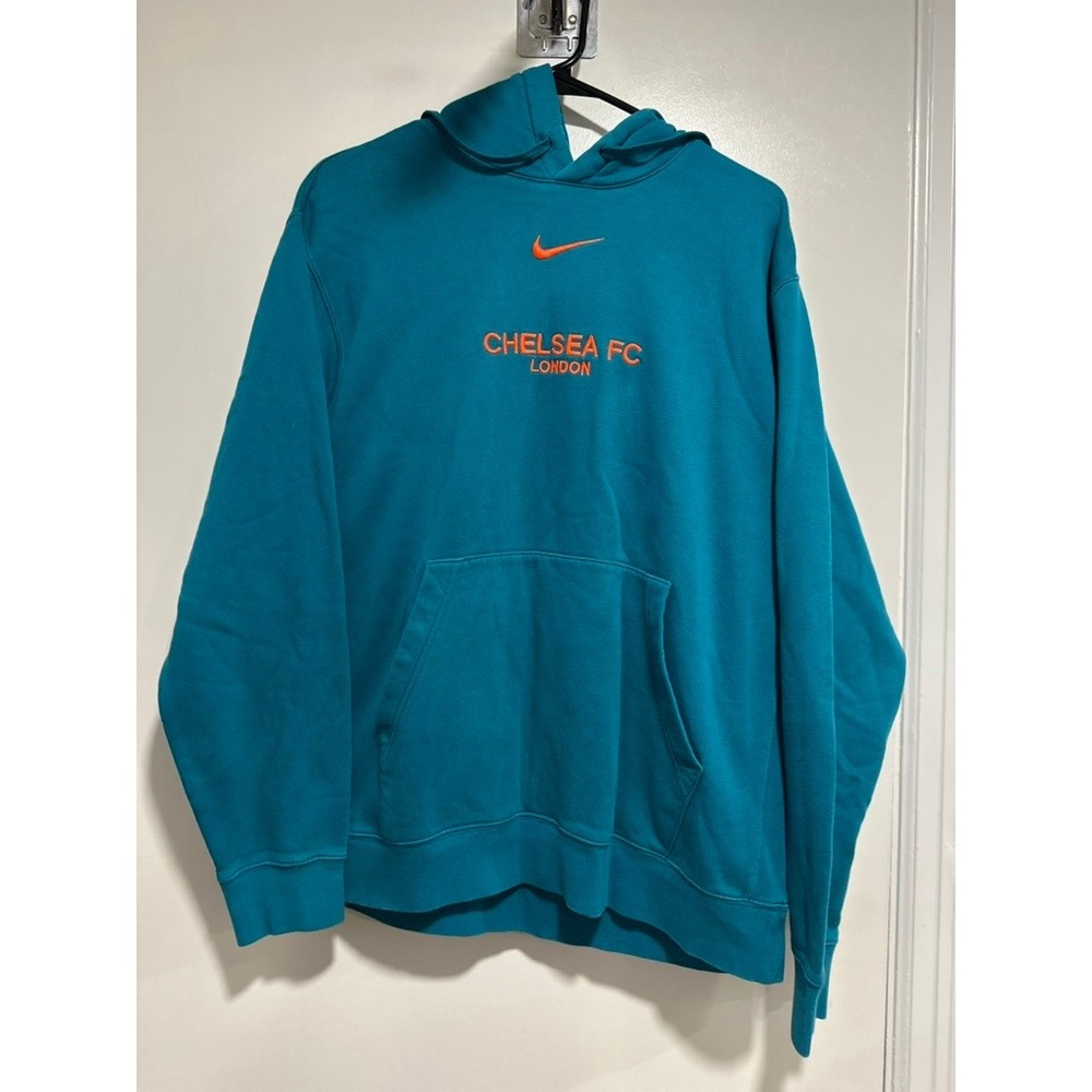 Nike Chelsea FC London Soccer Pullover Hoodie Sz:M Teal Blue Orange Fleece